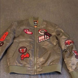 Chicago bulls olive green varsity jacket